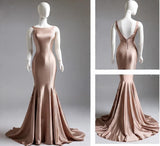 Champagne Mermaid Simple Satin Long Prom Dress Backless Evening Gown HZ1024