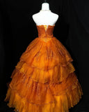 Orange A-Line Strapless Tulle Sequin Long Prom Dress Gorgeous Sweet 16 Dress Quinceanera Dress HZ1024