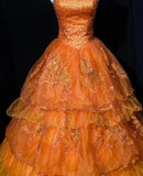 Orange A-Line Strapless Tulle Sequin Long Prom Dress Gorgeous Sweet 16 Dress Quinceanera Dress HZ1024