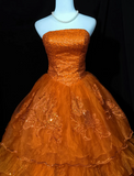 Orange A-Line Strapless Tulle Sequin Long Prom Dress Gorgeous Sweet 16 Dress Quinceanera Dress HZ1024