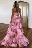 A-Line Chiffon Floral Print Ruffle Long Prom Dress with Slit HZ1024