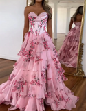 A-Line Chiffon Floral Print Ruffle Long Prom Dress with Slit HZ1024