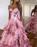 A-Line Chiffon Floral Print Ruffle Long Prom Dress with Slit HZ1024
