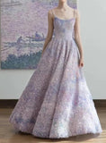 Spaghetti Strap Tulle Applique Long Prom Dress Adult Ceremony Birthday Dress HZ1024
