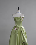 Green A-Line Strapless Satin Applique Long Prom Dress Cute Birthday Dress Formal Evening Dress HZ1024