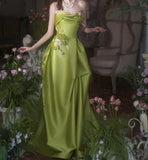 Green A-Line Strapless Satin Applique Long Prom Dress Cute Birthday Dress Formal Evening Dress HZ1024