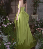 Green A-Line Strapless Satin Applique Long Prom Dress Cute Birthday Dress Formal Evening Dress HZ1024