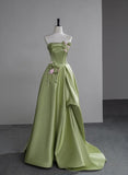 Green A-Line Strapless Satin Applique Long Prom Dress Cute Birthday Dress Formal Evening Dress HZ1024