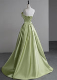 Green A-Line Strapless Satin Applique Long Prom Dress Cute Birthday Dress Formal Evening Dress HZ1024