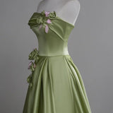 Green A-Line Strapless Satin Applique Long Prom Dress Cute Birthday Dress Formal Evening Dress HZ1024