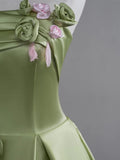 Green A-Line Strapless Satin Applique Long Prom Dress Cute Birthday Dress Formal Evening Dress HZ1024