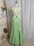 Light Green Mermaid Halter Satin Beaded Long Prom Dress HZ1024
