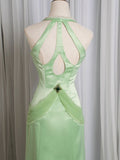 Light Green Mermaid Halter Satin Beaded Long Prom Dress HZ1024