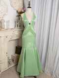 Light Green Mermaid Halter Satin Beaded Long Prom Dress HZ1024