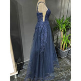 Blue A-Line Spaghetti Strap Tulle Beaded Long Prom Dress Applique Graduation Prom Dress HZ1024