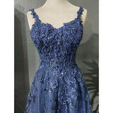 Blue A-Line Spaghetti Strap Tulle Beaded Long Prom Dress Applique Graduation Prom Dress HZ1024