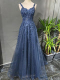 Blue A-Line Spaghetti Strap Tulle Beaded Long Prom Dress Applique Graduation Prom Dress HZ1024