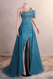 One Shoulder Tulle Beaded Long Prom Dress Elegant Evening Gown HZ1024