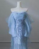 Blue Mermaid Strapless Tulle Beaded Long Prom Dress Elegant Evening Dress HZ1024