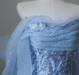 Blue Mermaid Strapless Tulle Beaded Long Prom Dress Elegant Evening Dress HZ1024