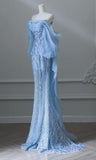 Blue Mermaid Strapless Tulle Beaded Long Prom Dress Elegant Evening Dress HZ1024