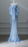 Blue Mermaid Strapless Tulle Beaded Long Prom Dress Elegant Evening Dress HZ1024