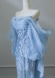 Blue Mermaid Strapless Tulle Beaded Long Prom Dress Elegant Evening Dress HZ1024