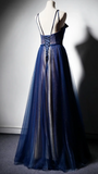 Blue Tulle V Neck Long Women Prom Dress, Lace Up Evening Dress HZ1024