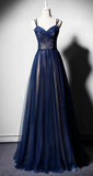 Blue Tulle V Neck Long Women Prom Dress, Lace Up Evening Dress HZ1024