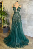 Green A-Line Spaghetti Strap Tulle Beads Long Prom Dress With Appliques HZ1024
