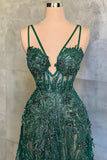 Green A-Line Spaghetti Strap Tulle Beads Long Prom Dress With Appliques HZ1024