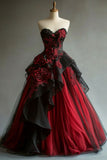 A-Line Sweetheart Neck Tulle Applique Long Prom Dress Vintage Evening Gown HZ1024