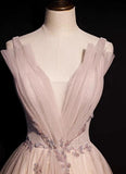 Pink A-Line V-neck Glitter Tulle with Beaded Long Prom Dress Adult Ceremony Evening Dress HZ1024