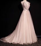 Pink A-Line V-neck Glitter Tulle with Beaded Long Prom Dress Adult Ceremony Evening Dress HZ1024