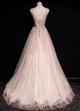 Pink A-Line V-neck Glitter Tulle with Beaded Long Prom Dress Adult Ceremony Evening Dress HZ1024