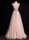 Pink A-Line V-neck Glitter Tulle with Beaded Long Prom Dress Adult Ceremony Evening Dress HZ1024