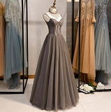 Spaghetti Strap Tulle Beaded Long Prom Dress Graduation Prom Dress Birthday Dress HZ1024