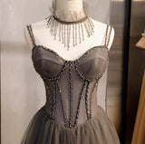 Spaghetti Strap Tulle Beaded Long Prom Dress Graduation Prom Dress Birthday Dress HZ1024