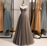 Spaghetti Strap Tulle Beaded Long Prom Dress Graduation Prom Dress Birthday Dress HZ1024