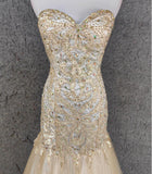 Champagne Mermaid Sweetheart Neck Beaded Tulle Long Ball Dress Vintage Evening Dress HZ1024