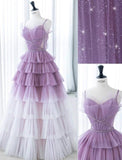 Purple A-Line Spaghetti Strap Tulle Sequin Long Prom Dresses for Birthday&Graduation HZ1024