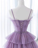 Purple A-Line Spaghetti Strap Tulle Sequin Long Prom Dresses for Birthday&Graduation HZ1024