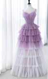 Purple A-Line Spaghetti Strap Tulle Sequin Long Prom Dresses for Birthday&Graduation HZ1024