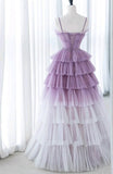 Purple A-Line Spaghetti Strap Tulle Sequin Long Prom Dresses for Birthday&Graduation HZ1024