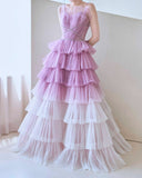 Purple A-Line Spaghetti Strap Tulle Sequin Long Prom Dresses for Birthday&Graduation HZ1024