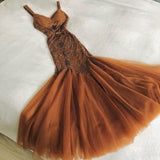 Brown Mermaid Spaghetti Strap Chiffon Tulle Beaded Long Prom Dress Birthday Dress HZ1024