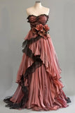 Pink A-Line Strapless Chiffon Tulle Long Prom Dress Vintage Applique Birthday Prom Dress HZ1024