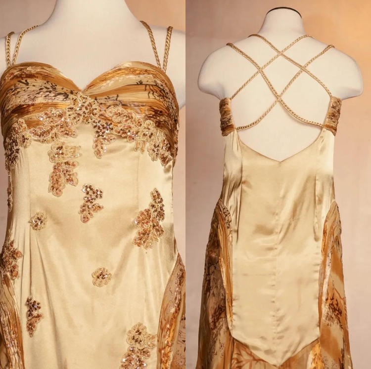 Vintage Floral Satin Applique Spaghetti Straps Chiffon Prom Dresses Party Dresses HZ1024
