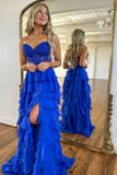 Sweetheart Neck Chiffon Lace Blue Long Prom Dress, Blue Long Graduation Dress HZ1024