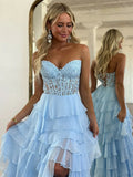 Sweetheart Neck Chiffon Lace Blue Long Prom Dress, Blue Long Graduation Dress HZ1024